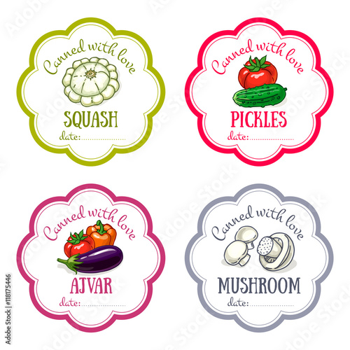 Set of vector labels with hand drawn vegetable. Templates for design can be used as sticker on canned jar, preserving, farmers market, organic food store