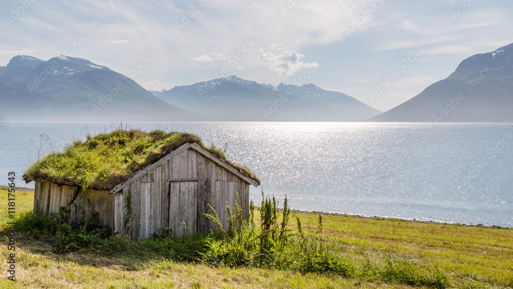 Typical Scandinavian landscape with an old hut with a green roof