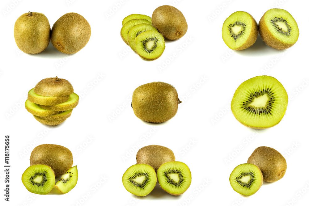 Isolated set of kiwi fruit slices cut on white background Isolated set of kiwi fruit slices cut on white background