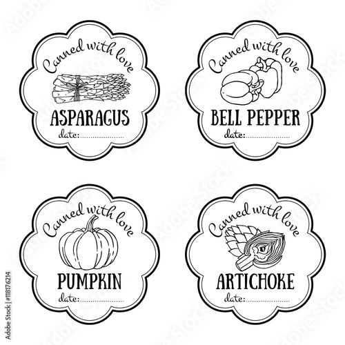 Set of vector labels with hand drawn vegetable. Black and white templates for design can be used as sticker on canned jar, farmers market, organic food store