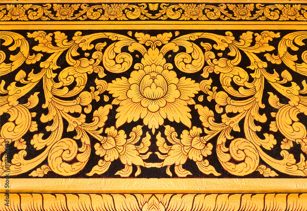 Thai mural in temple thailand gold painting on black background