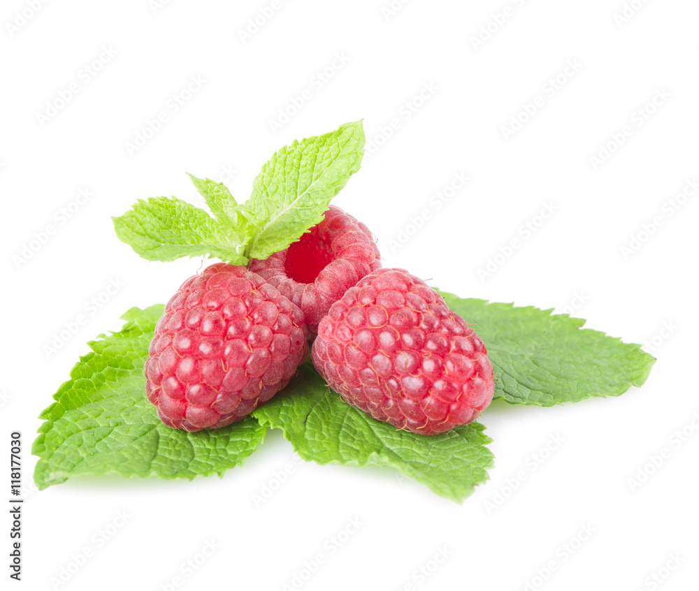 Raspberries and mint leaves on a white background. Isolated Raspberries and mint leaves on a white background. Isolated