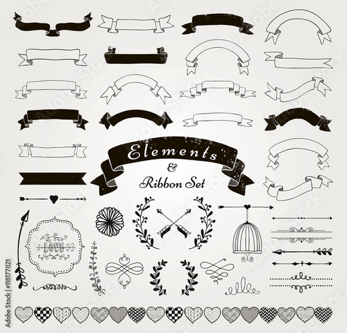 Vector Black Hand Drawn Design Elements and Ribbons Set