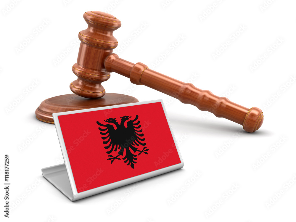 3d wooden mallet and Albanian flag. Image with clipping path