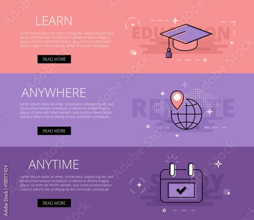 Learn Anywhere Anytime. Vector banners template set