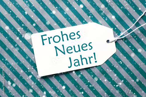 Label On Turquoise Paper, Snowflakes, Neues Jahr Means New Year