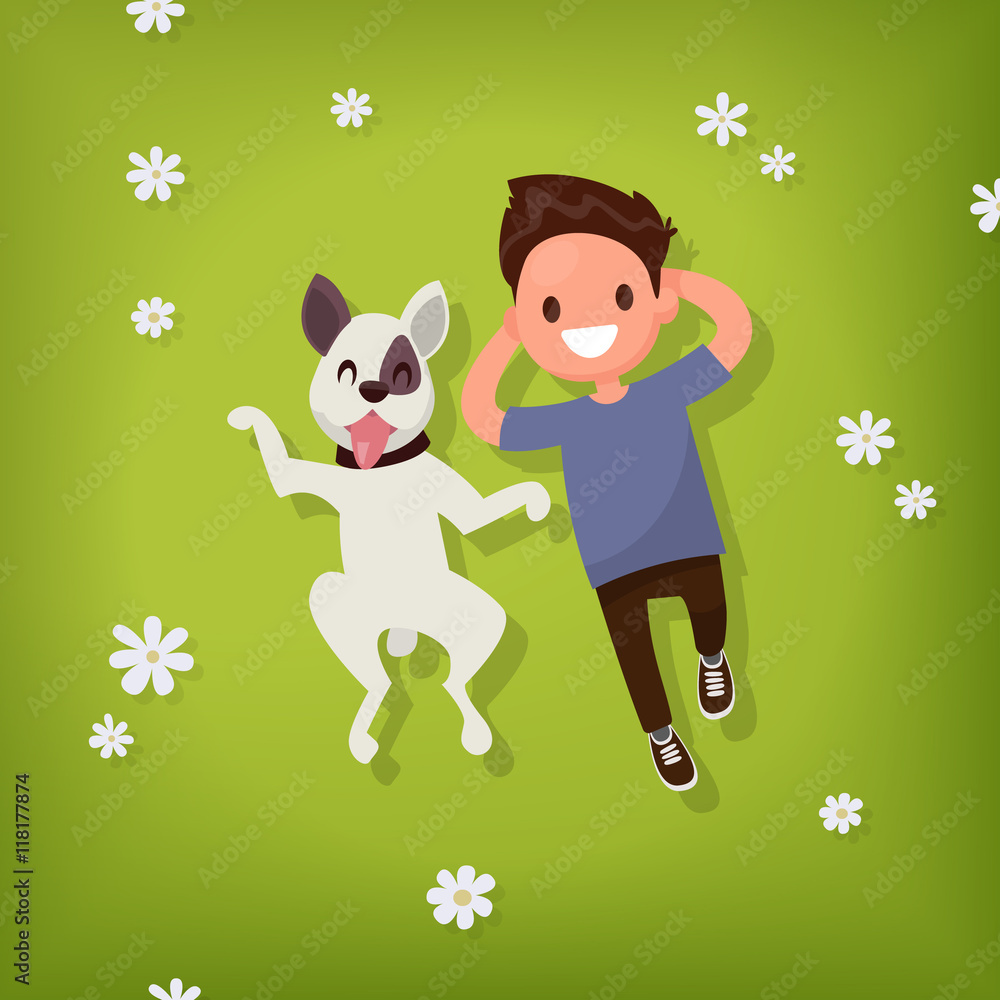Boy lies with the dog on the lawn. Vector illustration Boy lies with the dog on the lawn. Vector illustration