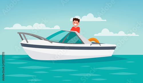 Boat trip. Recreation. The man controls the boat. Vector illustr