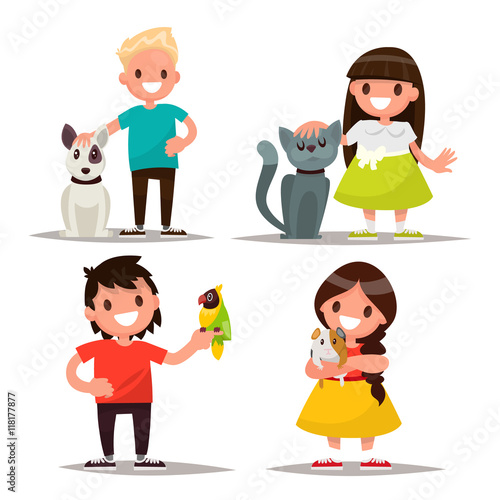 Set of characters. Children with pets. Vector illustration