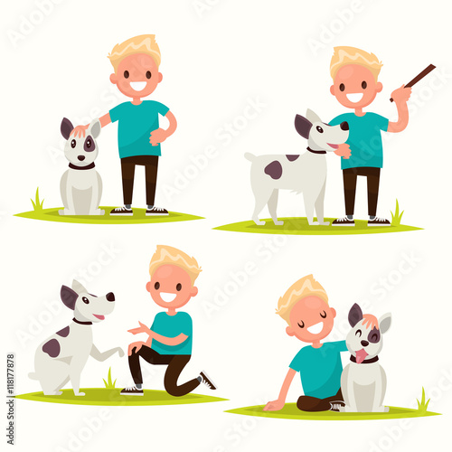 Set of characters. Boy with his beloved dog. Vector illustration