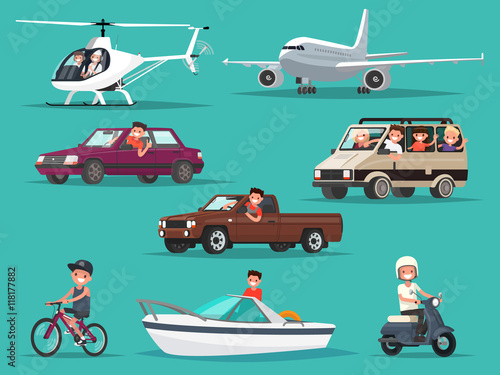 Set of people and vehicles. Aircraft, helicopters, cars, moped,