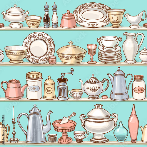 Shabby chic kitchen vector seamless pattern with cooking items. Hand drawn background of dishes on shelves in retro style.