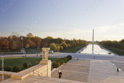 Looking eastwards from the upper steps of the Lincoln Memorial towards the Reflecting Pool & grand tree-lined boulevard of the National Mall in Washington DC