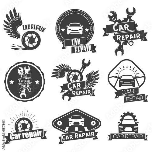 Vector set of auto service labels in vintage style. Car repair shop banners. Mechanic tools isolated on white background.