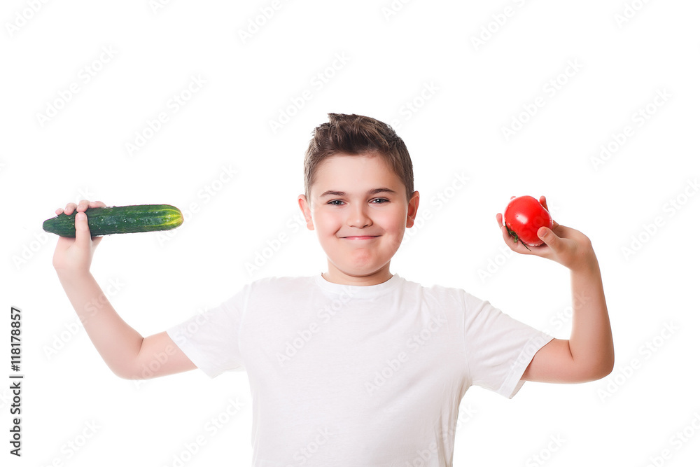 Healthy boy with food on a white background in the studio, healt Healthy boy with food on a white background in the studio, healt