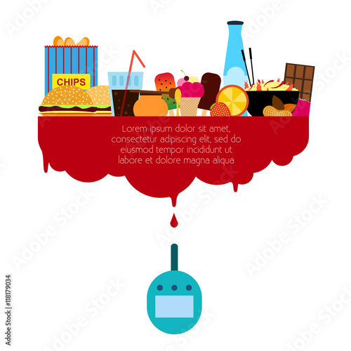 Diabetes Vector illustration Glucose meter and set of harmful foods Forbidden foods in diabetes Flat design