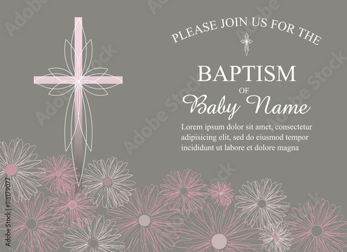 Girls Christening/Baptism Invitation with Cross and Pink Flowers - Vector
