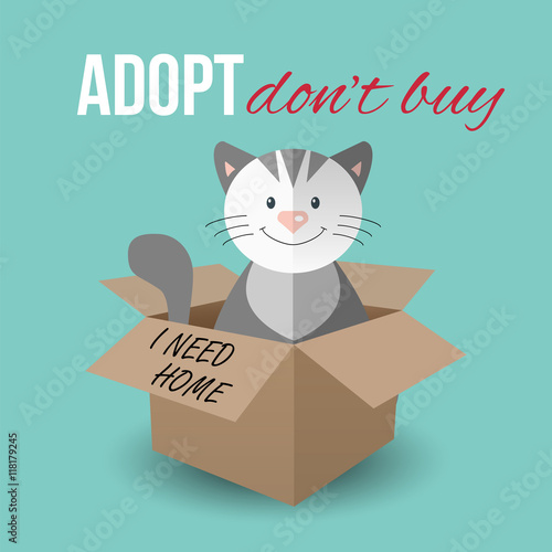 Cute cat in a box with Adopt Don't buy text. Homeless animals concept, pets adoption theme. Vector illustration