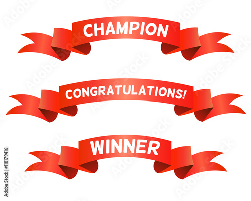 Red Trohpy Ribbons for Winners. Champion< Congratulations, Winner Titles. Isolated on White Background