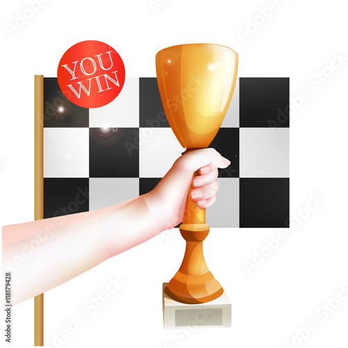 Hand Holding Up Trophy. Vector Winner Cup Illustration with Checkered Flag. White Background