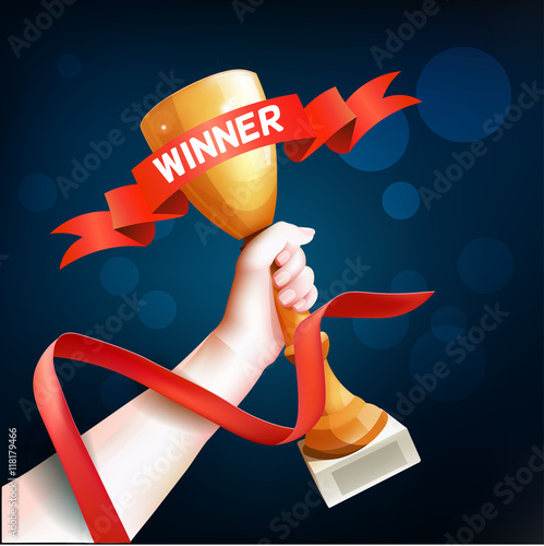 Hand Holding Up Trophy. Vector Winner Cup Illustration with Red Winner Ribbon.