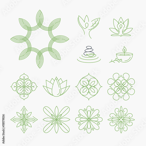 Set of signs and elements for spa, yoga and wellness, beauty and fashion, cosmetics and natural products. Thin line vector illustration concepts for graphic and web design.