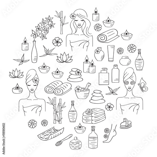 Spa hand drawn doodle icons. Vector illustrations of Beautiful woman spa treatment, beauty procedures, therapy, massage, foot bath, wellness.