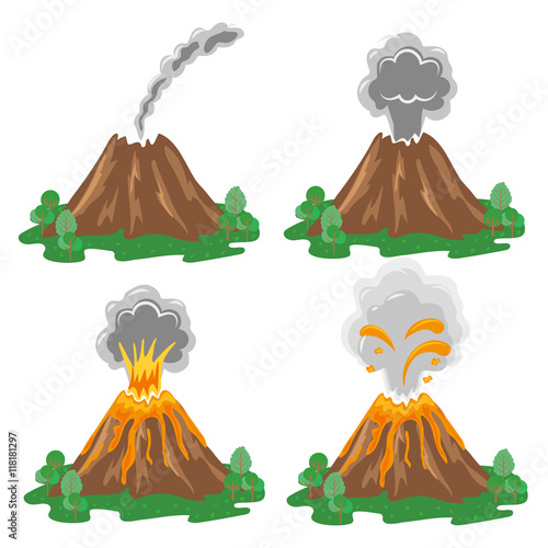 Vector set of volcano eruption illustrations isolated on white. Different stages of volcano activity.
