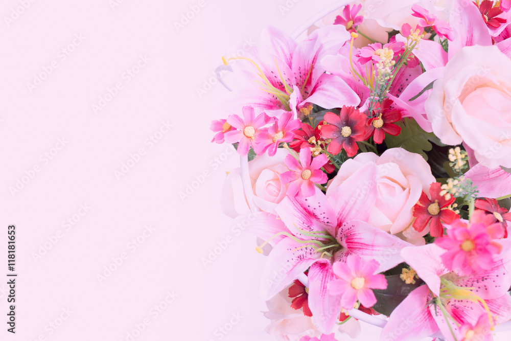 beautiful group of pink flower with space for text, love concept postcard, wedding card background.