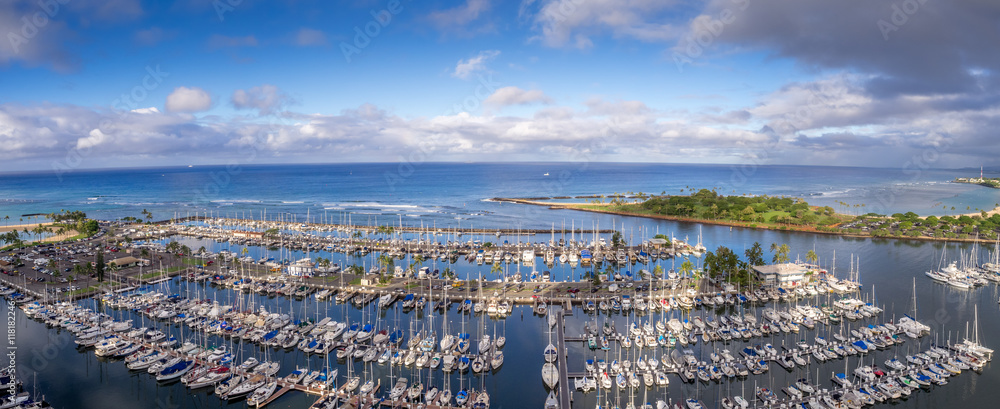 Panoramic view of the Ala Wai Boat Harbor and Magic Island Lagoon in Honolulu, Hawaii 