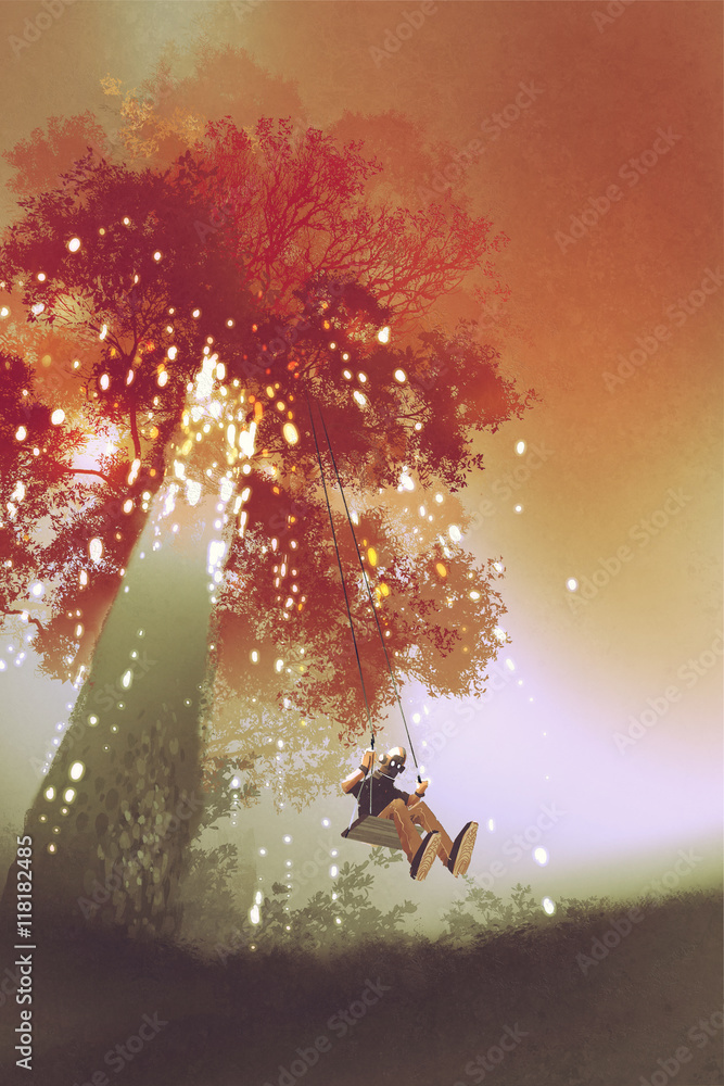 Fototapeta premium robot rocking the swing under the fantasy autumn tree,illustration painting