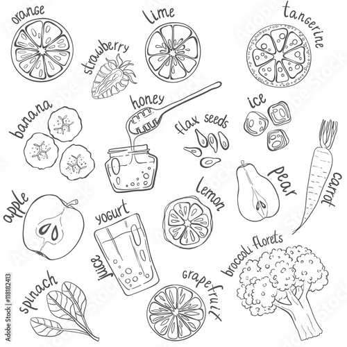 Set of fresh hand drawn fruits and vegetables and products.