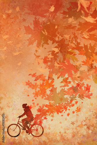 silhouette of man on bicycle with falling autumn leaves on background,illustration painting..