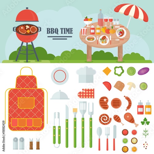 bbq set of tools and food
