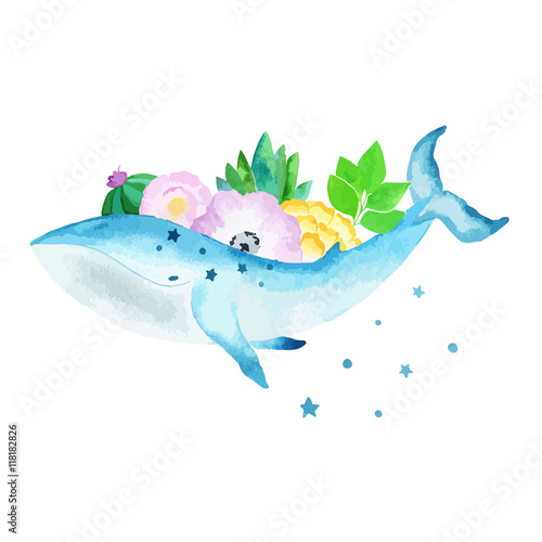 Watercolor hand drawn whale with flowers on back