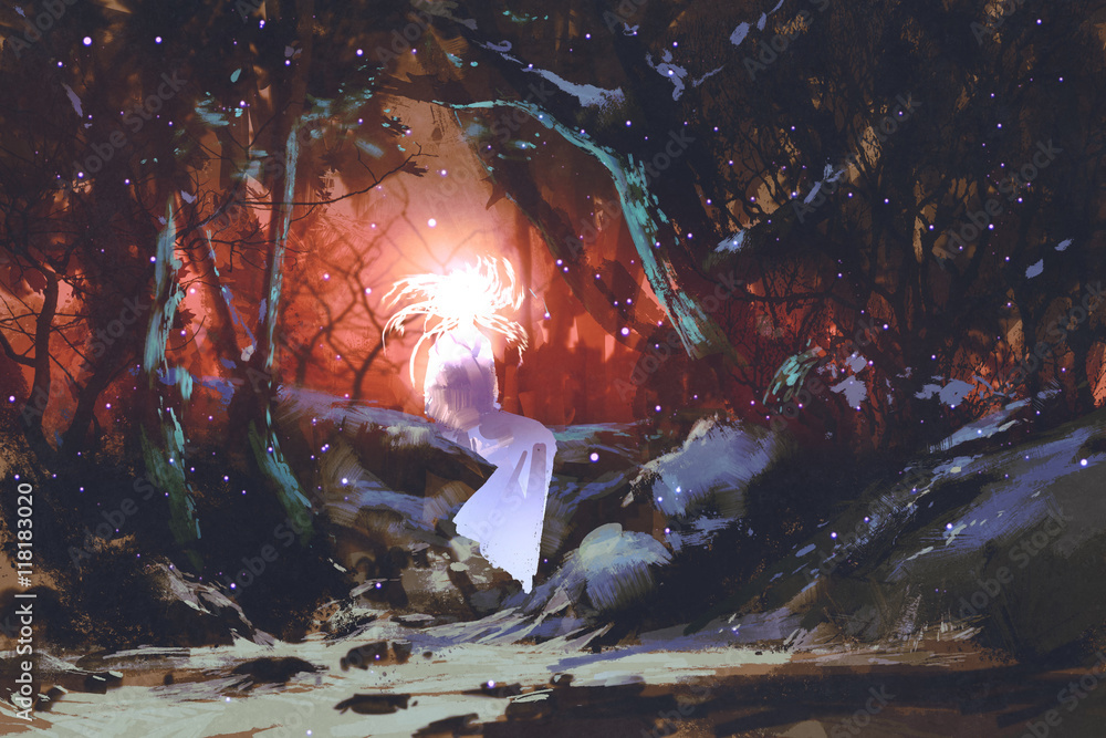 Obraz premium spirit of the enchanted forest,woman in the dark woods,illustration painting