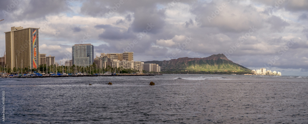 Waikiki skyline panorama from the Ala Moana beach park