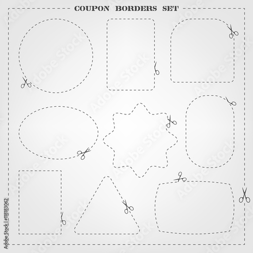 Vector set of 9 coupon borders templates with scissors. Fully editable cut line frame collection for packaging, coupons, sale banners, clothing tags design and your different projects.