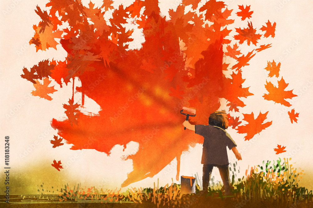 Fototapeta premium kid painting maple leaves shape on the wall,autumn concept,illustration painting