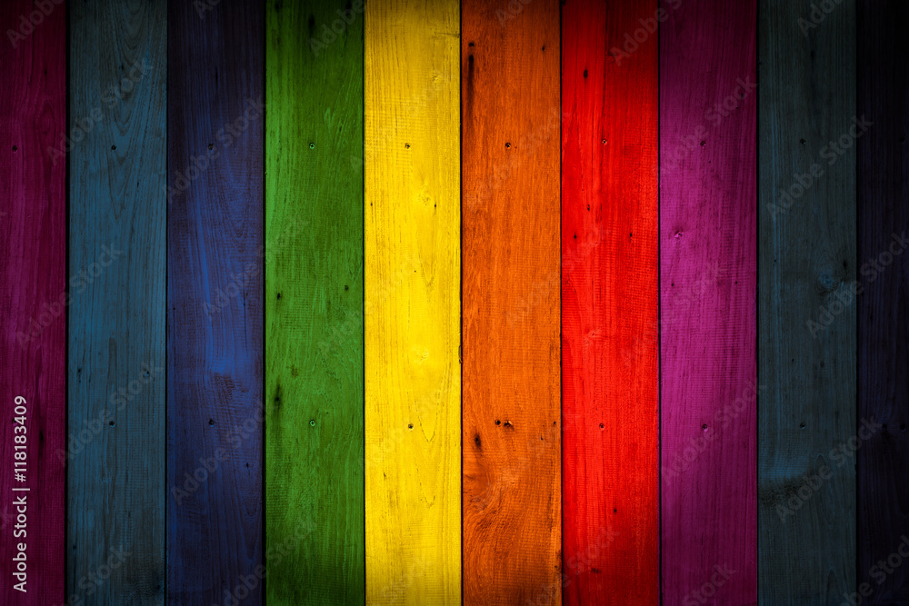 LGBT Colorful color wood background, rainbow colored wooden wall. - obrazy, fototapety, plakaty 