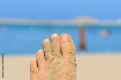 close up of sandy feet on beach photo