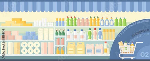 Supermarket showcase with household essentials