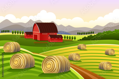 Farm Scene with Rolled Hays