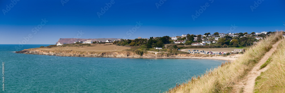 Panoramic view of the Dymer Bay at the estuary of the river camel in northern Cornwall. View from the cornish coastpath approaching from the south.