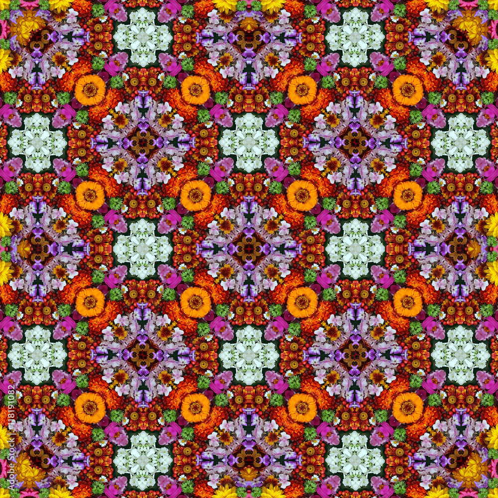 Background of flowers and berries, the effect of a kaleidoscope.
