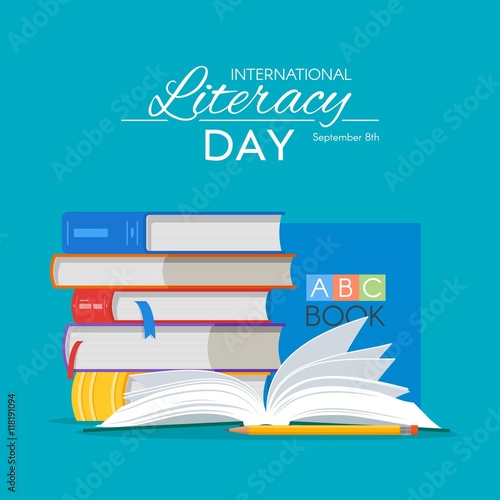 International Literacy Day poster. Education concept vector illustration. Pile of books