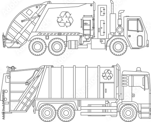 Coloring pages. Set of different kind garbage trucks flat linear icons isolated on white background. Vector illustration.