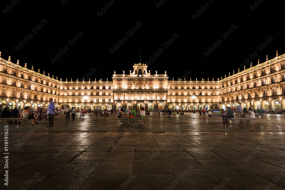 View of the Plaza Mayor of Salamanca night, with people on the terraces of the bars, Salamaca, Spain
