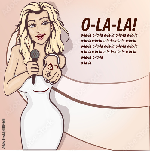 vector illustration of a singing  woman . karaoke party . copy space