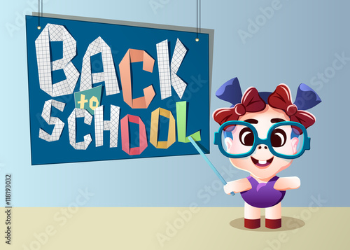 Back to school vector illustration. Little cheerful girl with pointer in glasses standing near schoolboard in classroom.